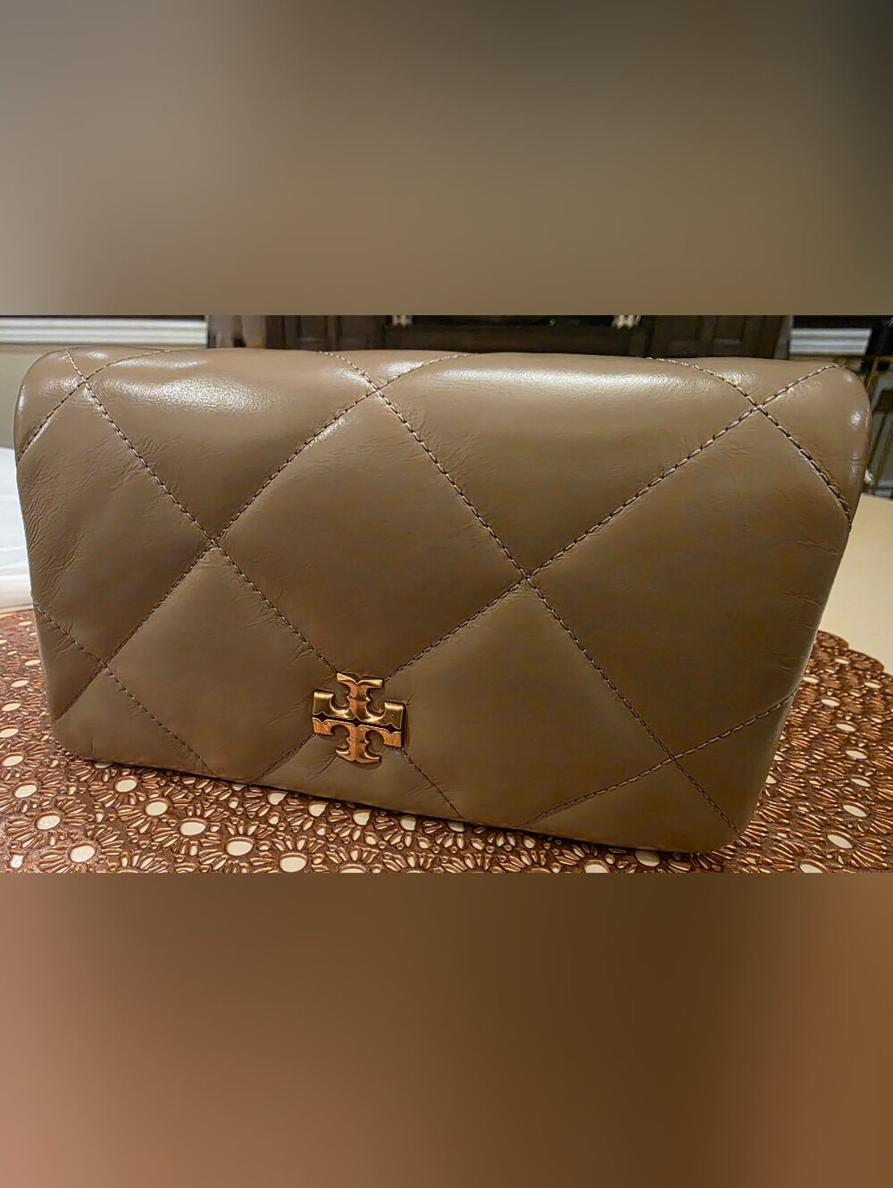 Tory Burch Quilted Crossbody Bag in Taupe Brown with Gold Logo